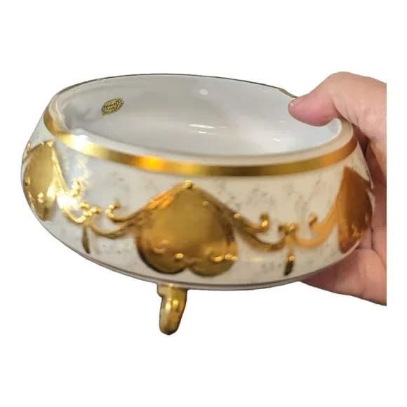 VTG Bohemian Czech Opaline Glass Bowl with Gold Motif Smoke Bowl/Candy Bowl READ - Picture 13 of 16